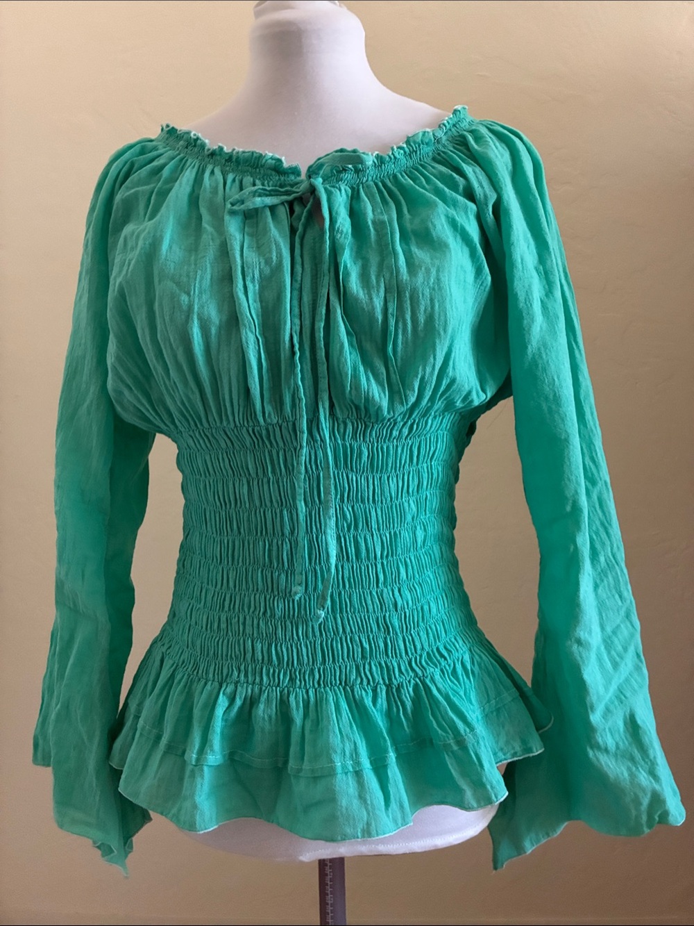Women’s Green Smocked Peasant Top